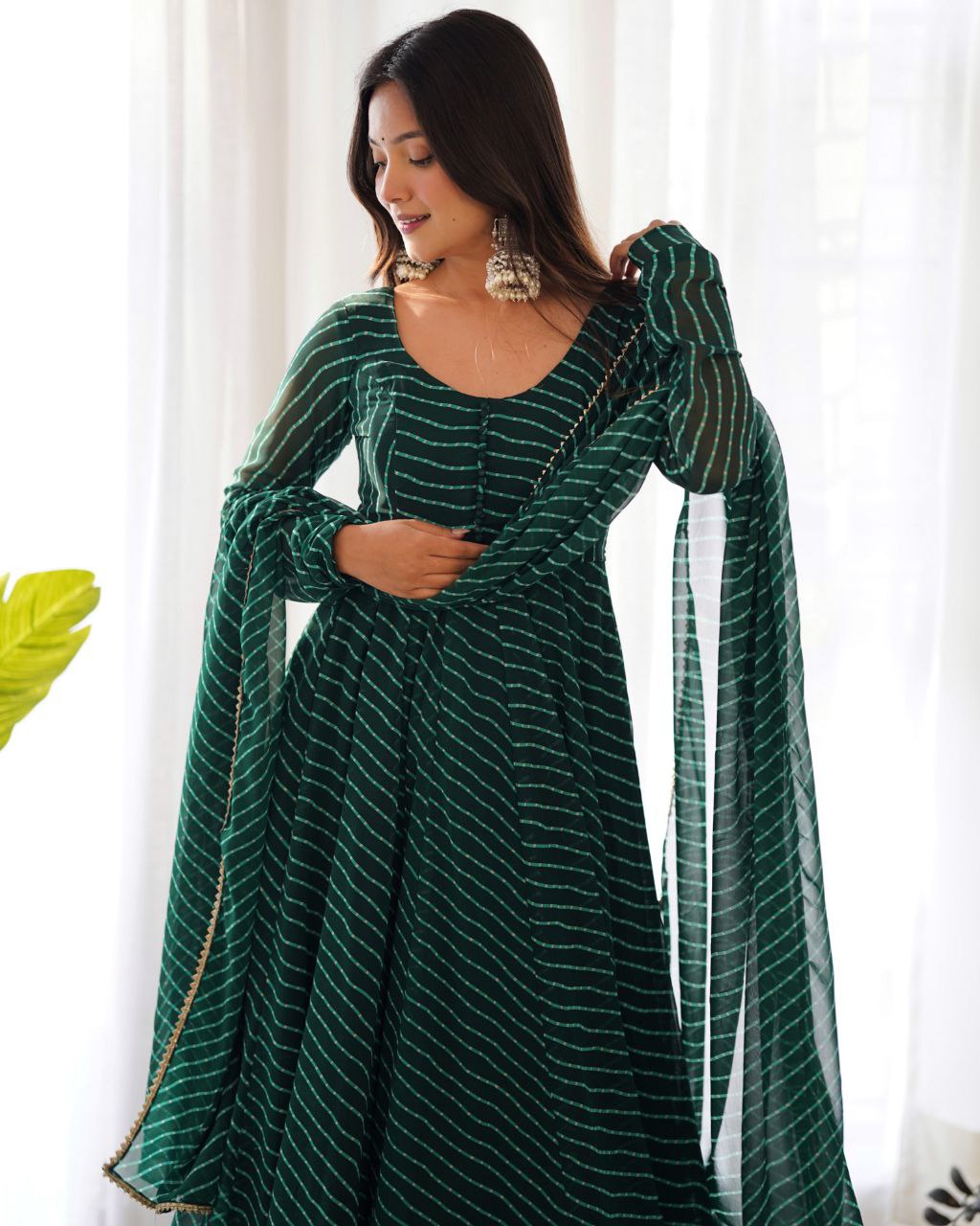 Ready To Wear Bottle Green Pure Georgette Leheriya Print Work Anarkali Suit With Dupatta