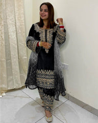 Ready To Wear Black Micro Velvet Embroidery Work Pakistani Pant Suit With Dupatta