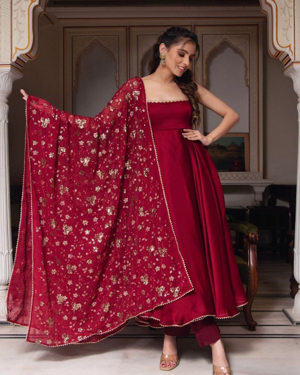 Ready To Cherry Red Pure Georgette Embroidery Work Anarkali Suit With Dupatta