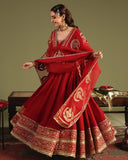 Ready To Wear Crimson Red Chinon Silk Embroidery Gown Pant With Dupatta