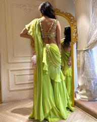 Designer Parrot Green Pure Georgette Embroidery Work Plazzo Saree With Blouse