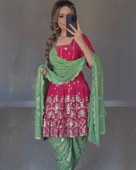 Ready To Wear Hot Pink-Pista Green Faux Georgette Embroidery Work Dhoti Suit With Dupatta