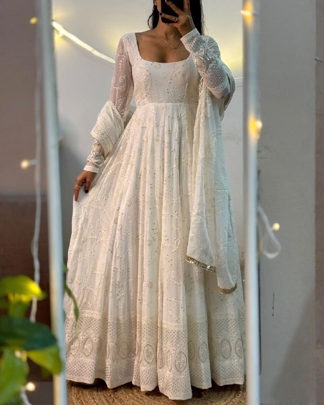 Exclusive White Slim Georgette Embroidery Gown Set With Dupatta