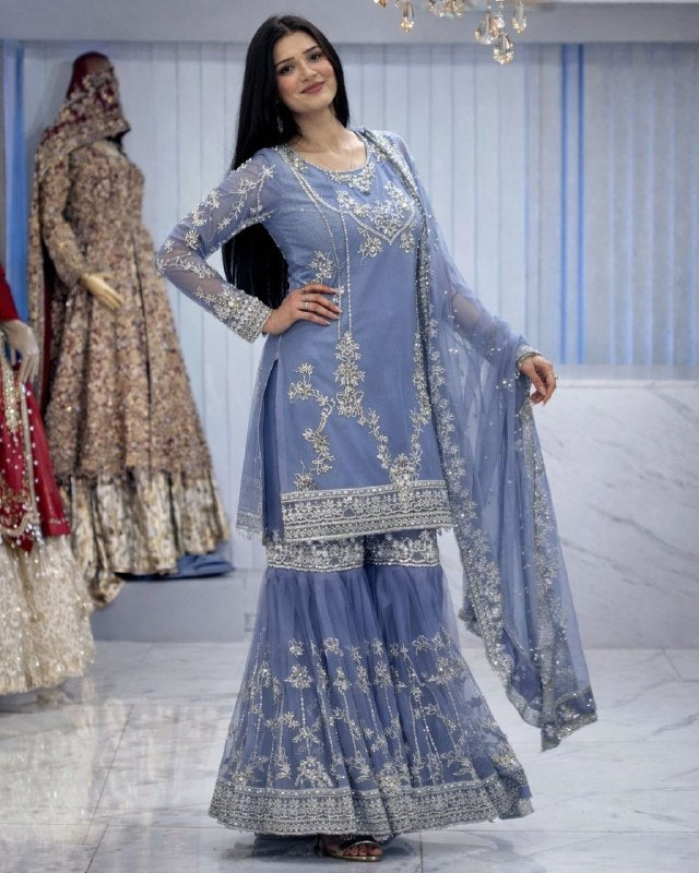 Ready To Wear Light Purple Soft Chinon Silk  Embroidery Sharara Kurti With Dupatta