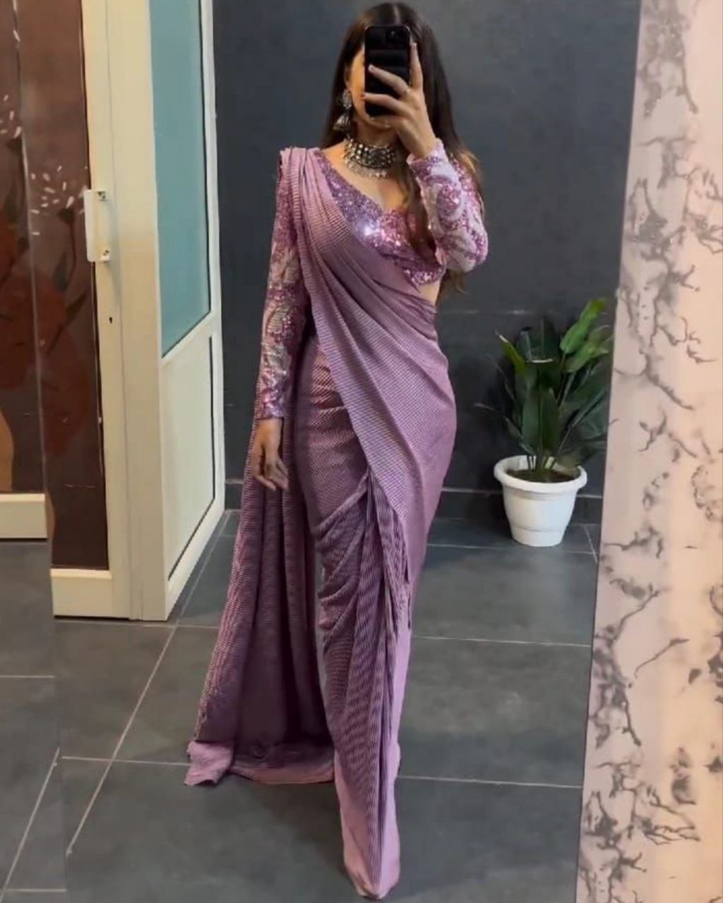 Designer Lilac Chinon Silk Heavy Crush Work Saree With Blouse