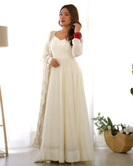 Exclusive White Chanderi Roman Silk Embroidery Anarkali Suit With Dupatta