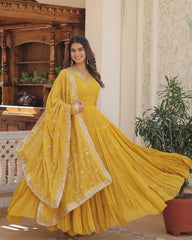 Ready To Wear Yellow Pure Georgette Embroidery Work Anarkali Gown With Dupatta