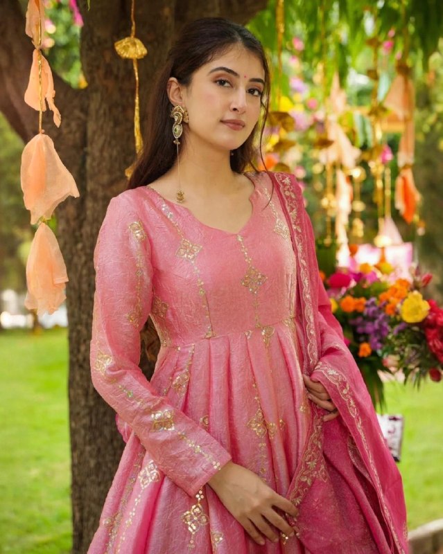Ready To Wear Pink And Green Crunchy Silk Anarkali Palazo With Dupatta