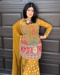 Ready To Wear Mustard Pure Georgette Embroidery Work Gharara Suit With Dupatta