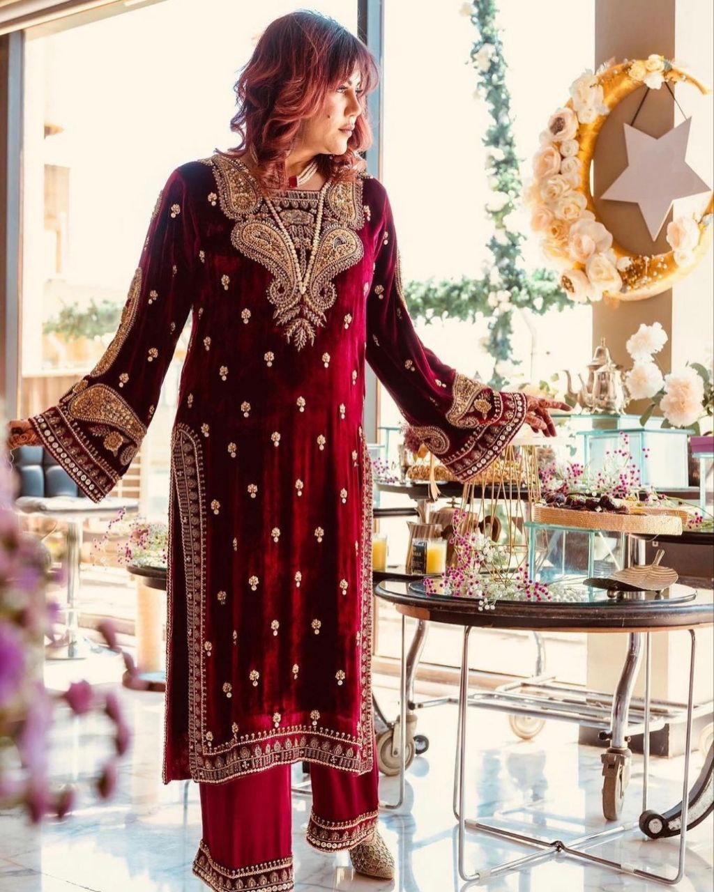 Ready To Wear Maroon-Red Micro Velvet Embroidery Work Pakistani Pant Suit With Dupatta