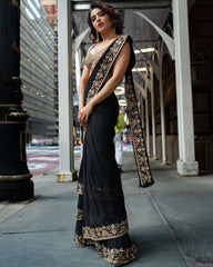 Designer Black Faux Georgette Embroidery Work Saree With Blouse