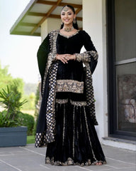 Ready To Wear Black Viscos Velvet Embroidery Work Gharara Suit With Dupatta