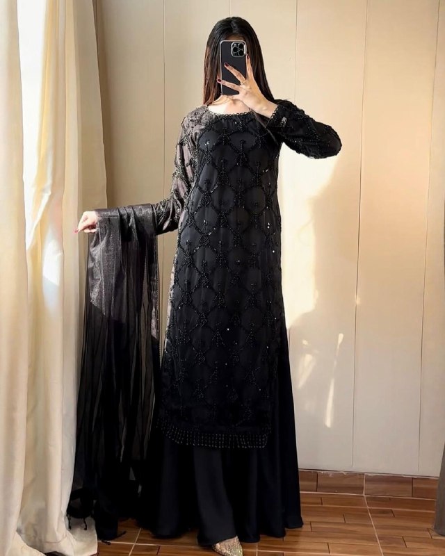 Exclusive Pink Sky Black Soft Net Embroidery Palazo Kurti With Dupatta
