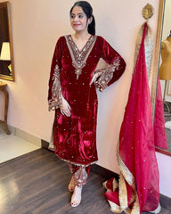 Ready To Wear Red Micro Velvet Sequence Work Pant Suit With Dupatta