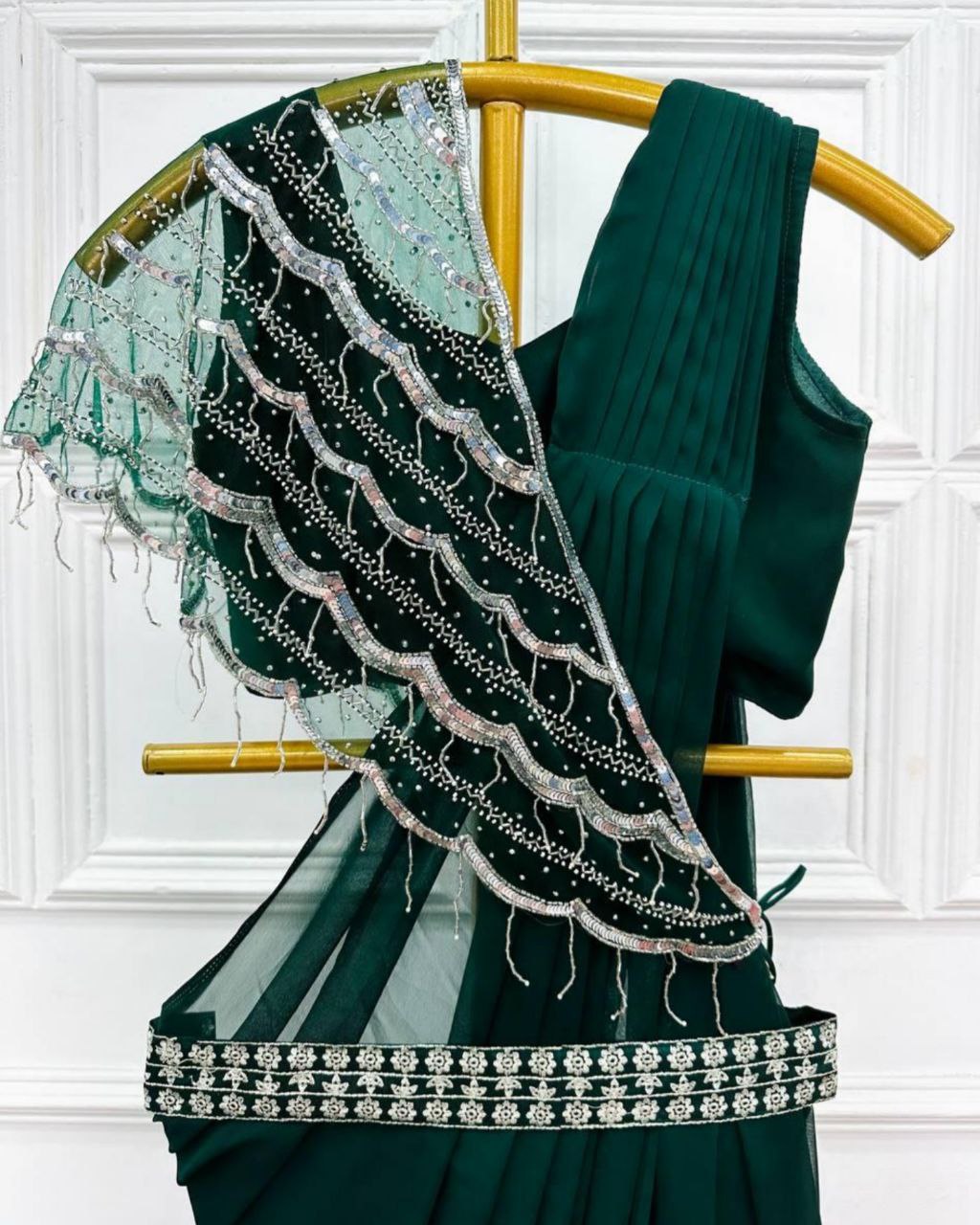 Designer Dark Green Faux Georgette Khatli Work Saree With Blouse And Shrug