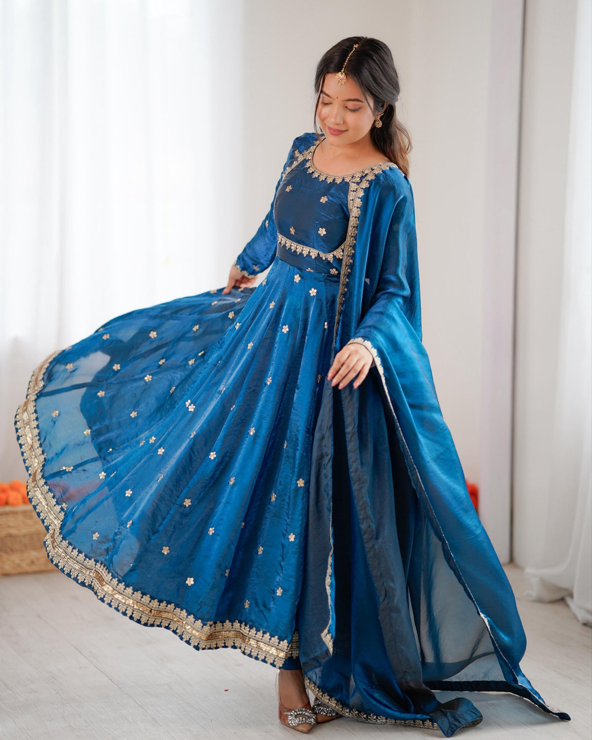 Premium Blue Shimmer Chanderi Silk Anarkali Pant With Dupatta