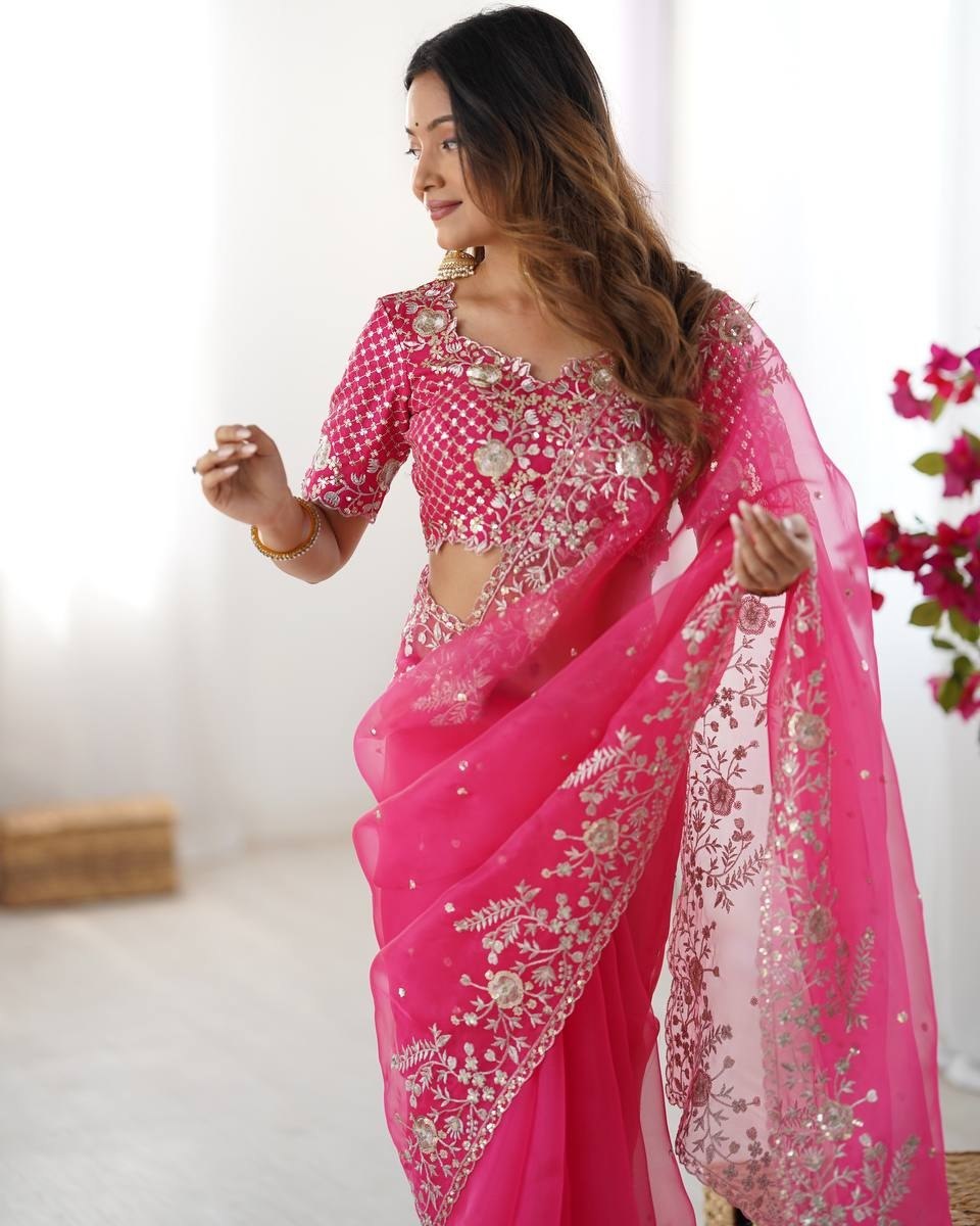 Premium Pink Premium Gold Crush Embroidery Saree With Blouse