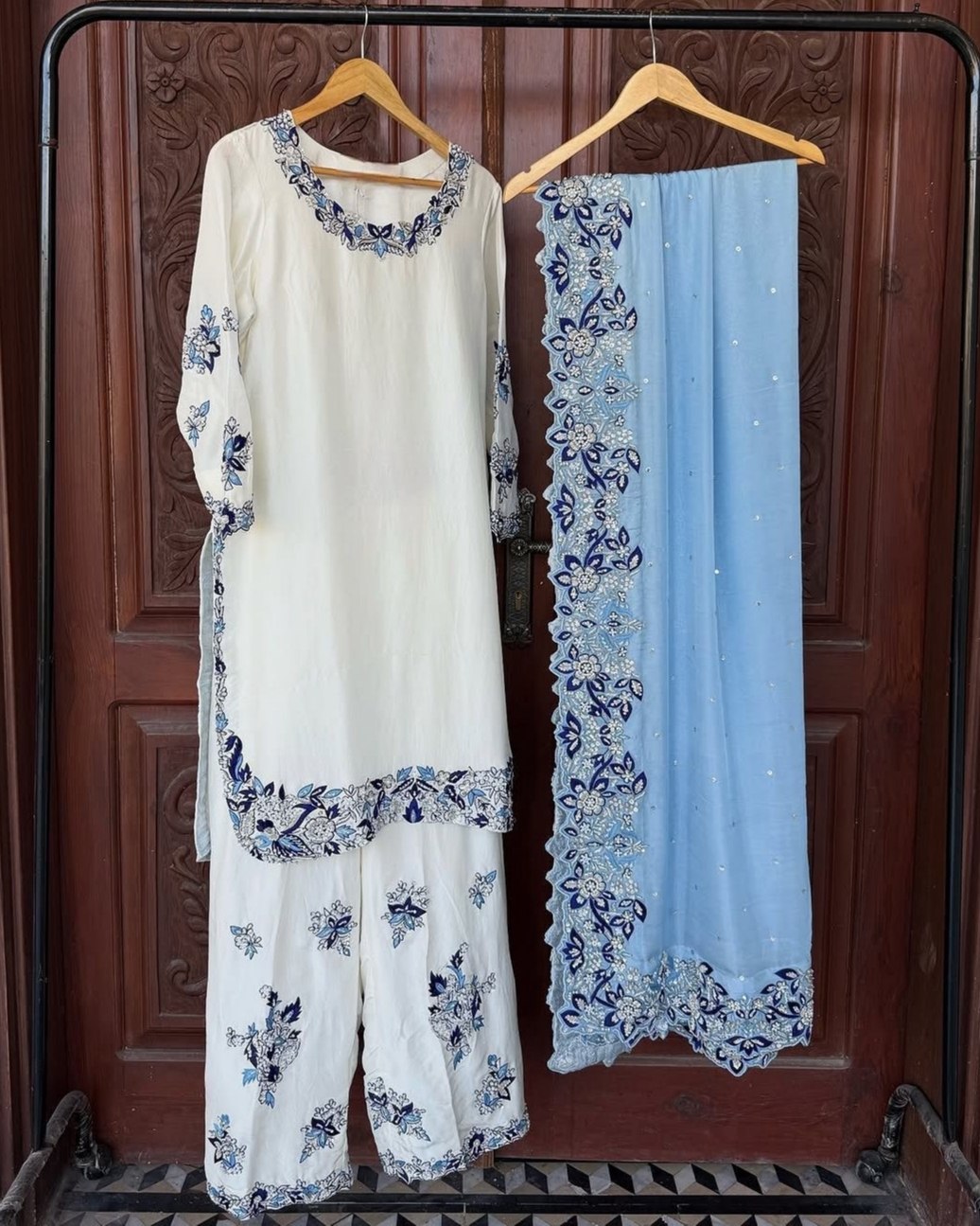 Ready To Wear White Fendy Silk Embroidery Farshi Salwar Kurti With Dupatta