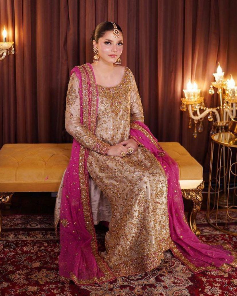 Ready To Wear Cream Pure Georgette Embroidery Work Pakistani Suit With Pink Dupatta