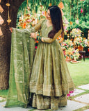 Ready To Wear Pink And Green Crunchy Silk Anarkali Palazo With Dupatta