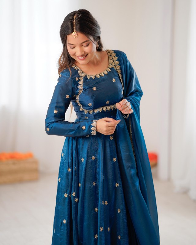 Premium Blue Shimmer Chanderi Silk Anarkali Pant With Dupatta