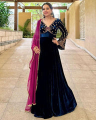 Ready To Wear Malmal Velvet Sequence Work Neavy Blue Gown With Pink Dupatta