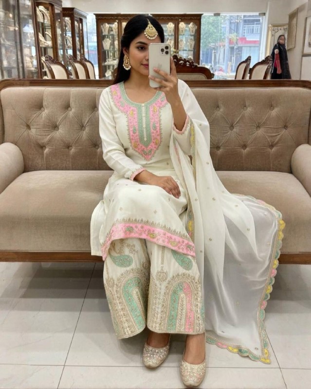 Ready To Wear White And Black Chinon Silk Embroidery Sharara Kurti With Dupatta