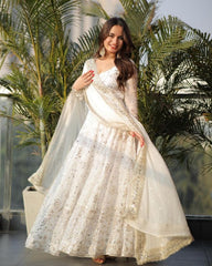 Ready To Wear White Pure Georgette Embroidery Work Anarkali Gown With Dupatta