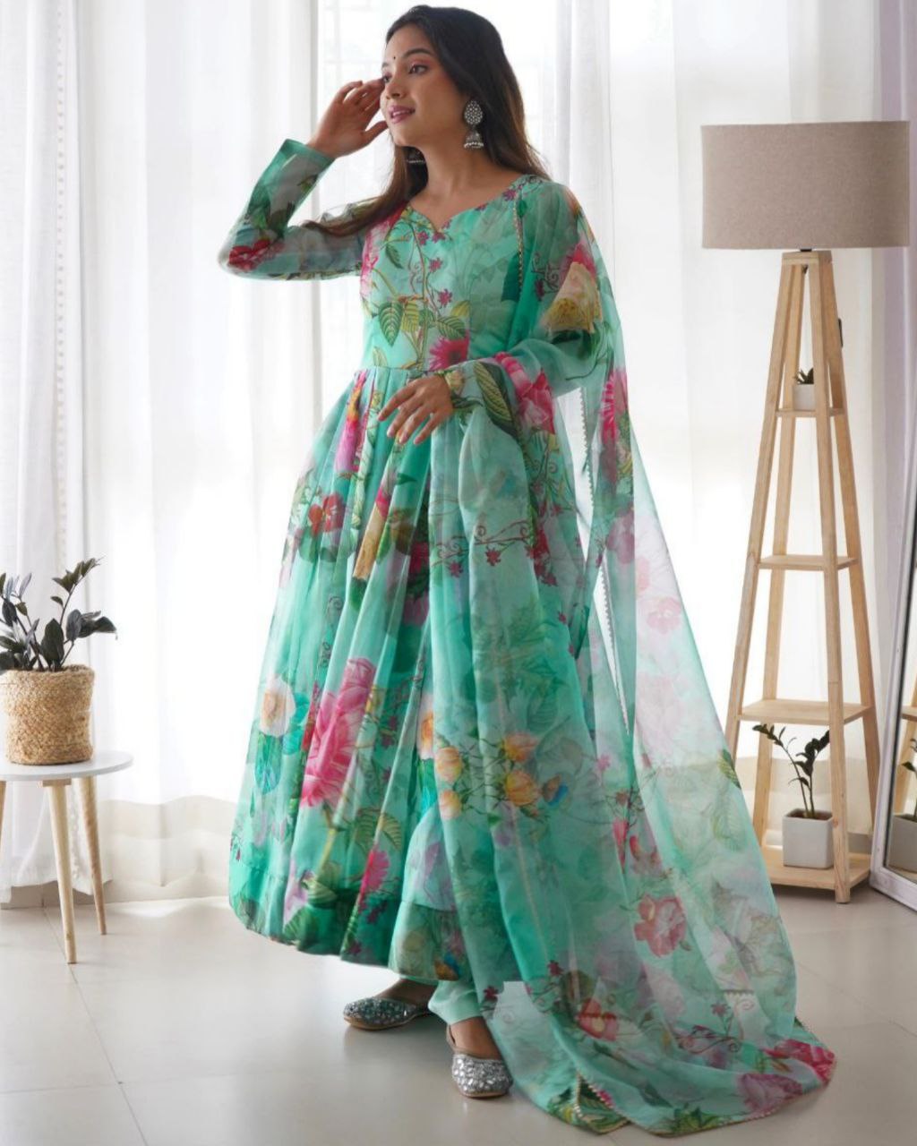 Ready To Wear Sea Green Silk Organza Digital Print Work Anarkali Suit With Dupatta