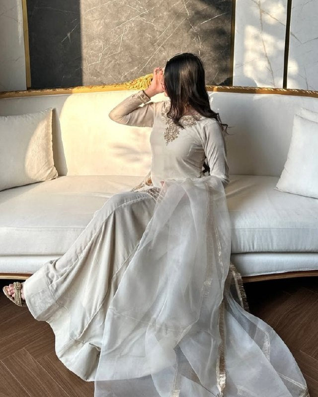 Exclusive White Korean Satin Silk Embroidery Palazo Kurti With Dupatta