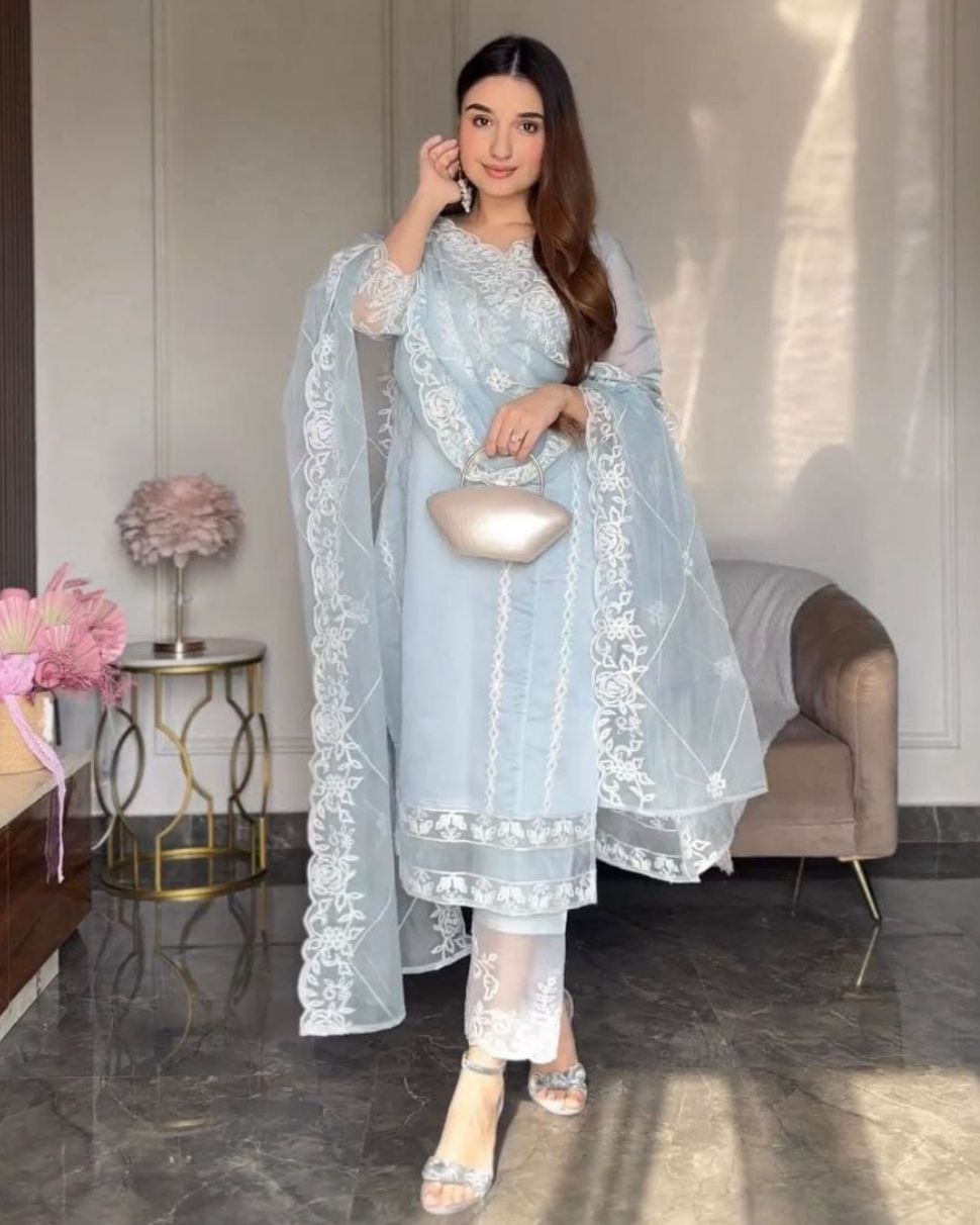 Ready To Wear Powder Blue Organza Silk Embroidery Work Pakistani Suit With Dupatta