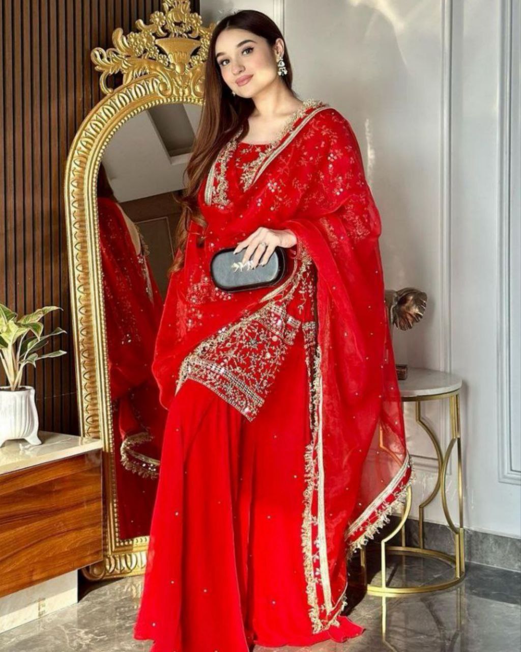 Ready To Wear Red Faux Georgette Sequence Work Sharara Suit With Dupatta