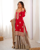 Premium Handcrafted Soft Chinon Silk Coding Embroidery Thread Sharara Suit With Dupatta
