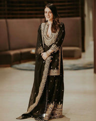 Ready To Wear Black Pure Georgette Embroidery Work Plazzo Suit With Dupatta