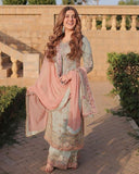 Exclusive Sage Green Soft Georgette Embroidery Palazo Kurti With Dupatta