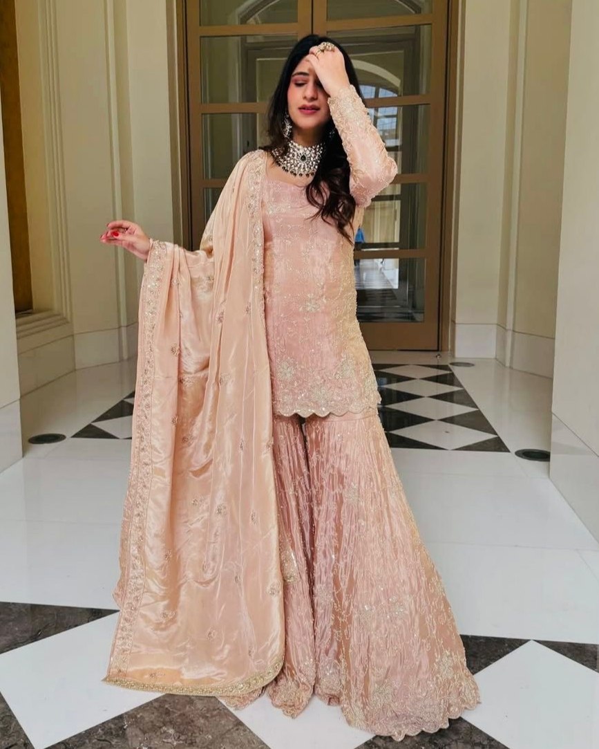 Exclusive Peach Jimmy Silk Embroidery Gharara Suit With Dupatta