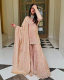 Exclusive Peach Jimmy Silk Embroidery Gharara Suit With Dupatta