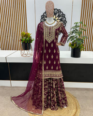 Ready To Wear wine Pure Georgette Embroidery Work Sharara Suit With Dupatta