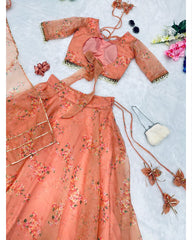 Desinger Peach Orange Organza Silk Floral Printed Lehenga Choli With Dupatta