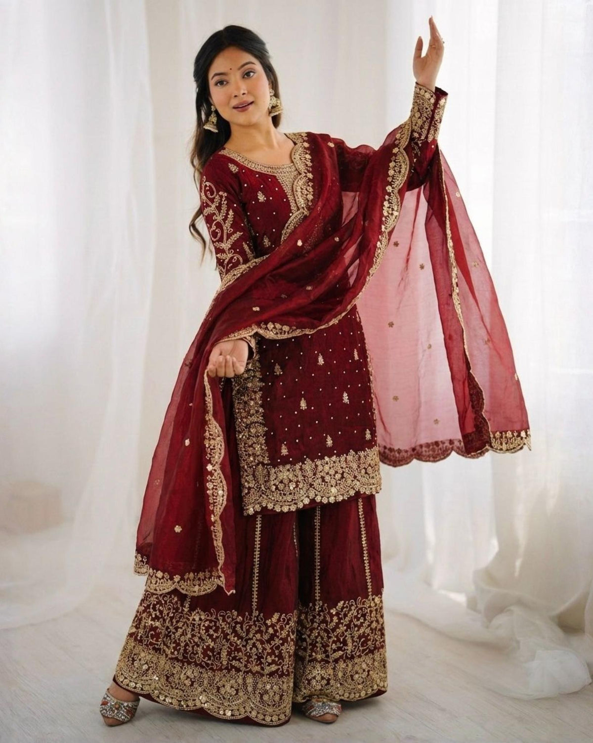 Exclusive Maroon Sea Green Simmer Silk Embroidery Palazo Kurti With Dupatta