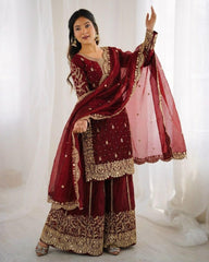 Exclusive Maroon Sea Green Simmer Silk Embroidery Palazo Kurti With Dupatta