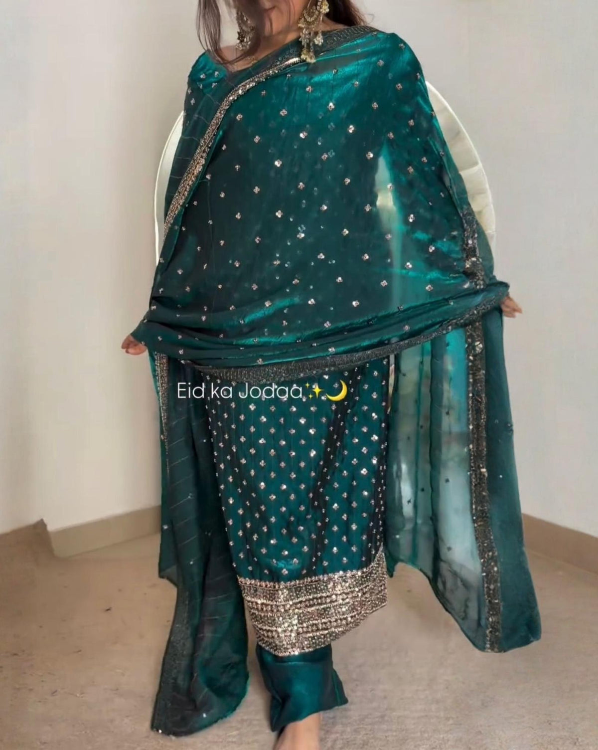 Exclusive Teal Green Simmer Silk Embroidery Kurti Pant With Dupatta