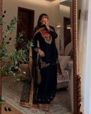 Ready To Wear Black Soft Georgette Embroidery Farshi Salwar Kurti With Dupatta