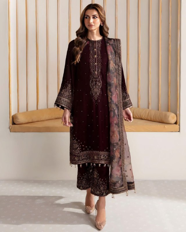 Ready To Wear Wine Micro Velvet Embroidery Work Pakistani Pant Suit With Dupatta