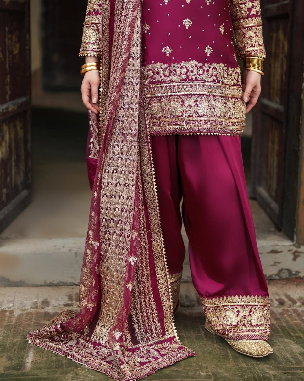 Ready To Wear Pink Natural Simmer Embroidery Farshi Salwar Kurti With Dupatta