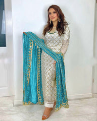 Ready To Wear Off White Pure Georgette Embroidery Work Pakistani Suit With Dupatta