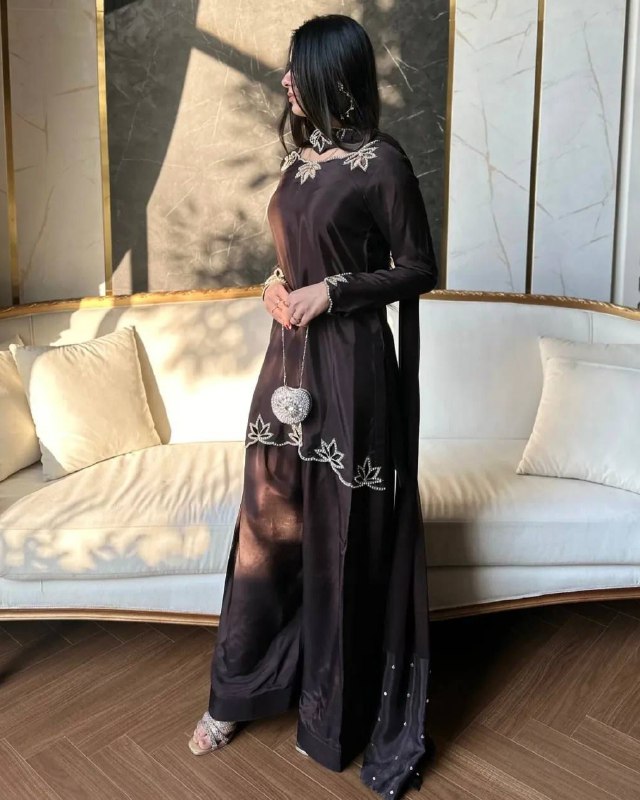 Exclusive Brown Natural Crep Silk Embroidery Farshi Salwar Suit With Dupatta