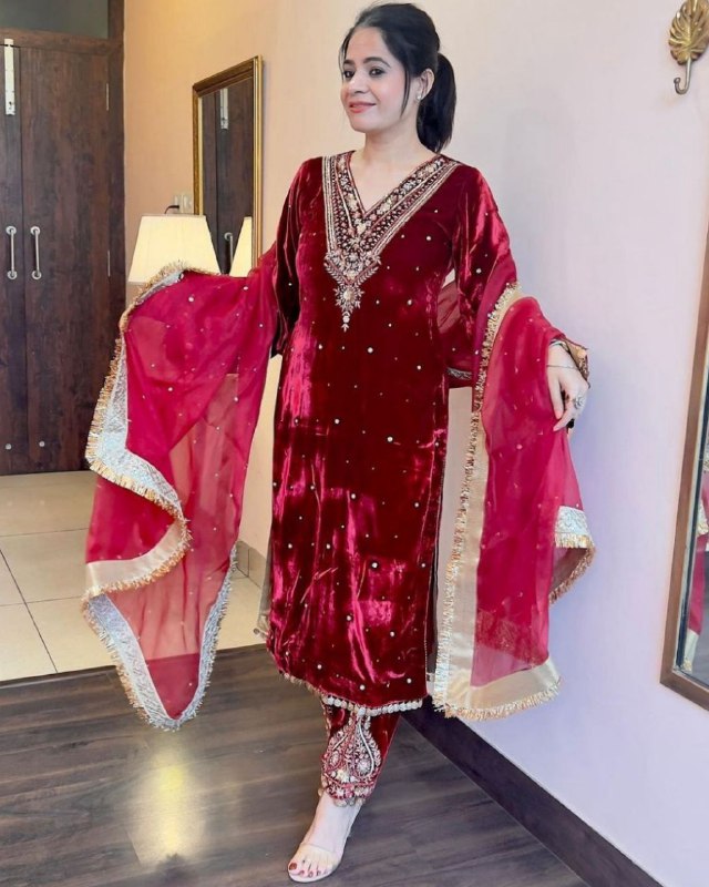 Ready To Wear Red Micro Velvet Sequence Work Pant Suit With Dupatta