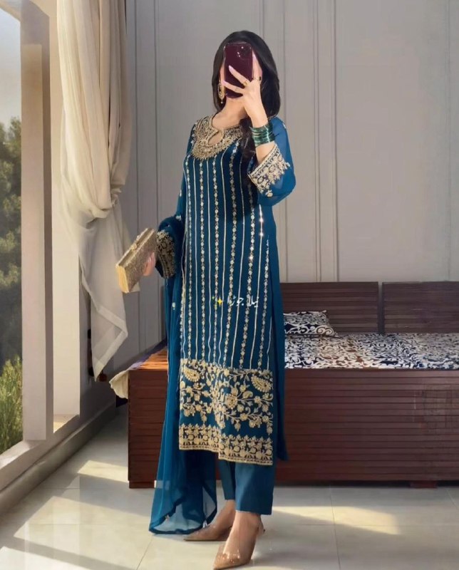 Exclusive Blue Wine Grey Chinon Silk Embroidery Kurti Pant With Dupatta