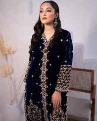 Designer Neavy Blue Malmal Velvet Embroidery Work Pakistani Suit